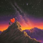 lake district art romantic original oil painting by david renshaw. We'll Reach For The Stars featuring Ted and Doris reaching the summit with a celestial sky full of stars and distant sunset