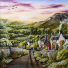 Lake District art original acrylic painting by Caroline Deighton. A Homely Hamlet featuring couple walking through central path in a countryside village. Geese flying through pink sunset.
