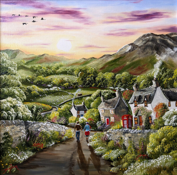 Lake District art original acrylic painting by Caroline Deighton. A Homely Hamlet featuring couple walking through central path in a countryside village. Geese flying through pink sunset.