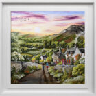 Lake District art original acrylic painting by Caroline Deighton. A Homely Hamlet featuring couple walking through central path in a countryside village. Geese flying through pink sunset. Displayed in a white frame.