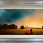 lake district art original oil painting by artist david renshaw adventures of ted and doris northern romance overlooking sunset dawn light and blue stormy clouds
