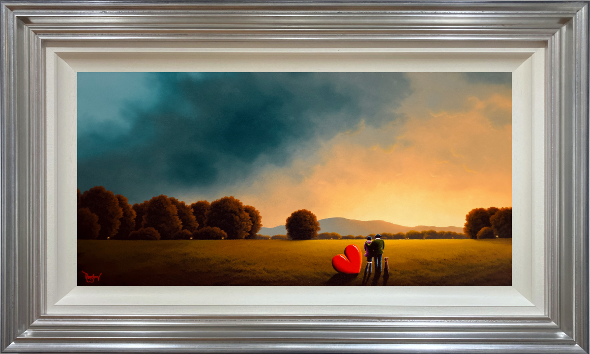 lake district art original oil painting by artist david renshaw adventures of ted and doris northern romance overlooking sunset dawn light and blue stormy clouds