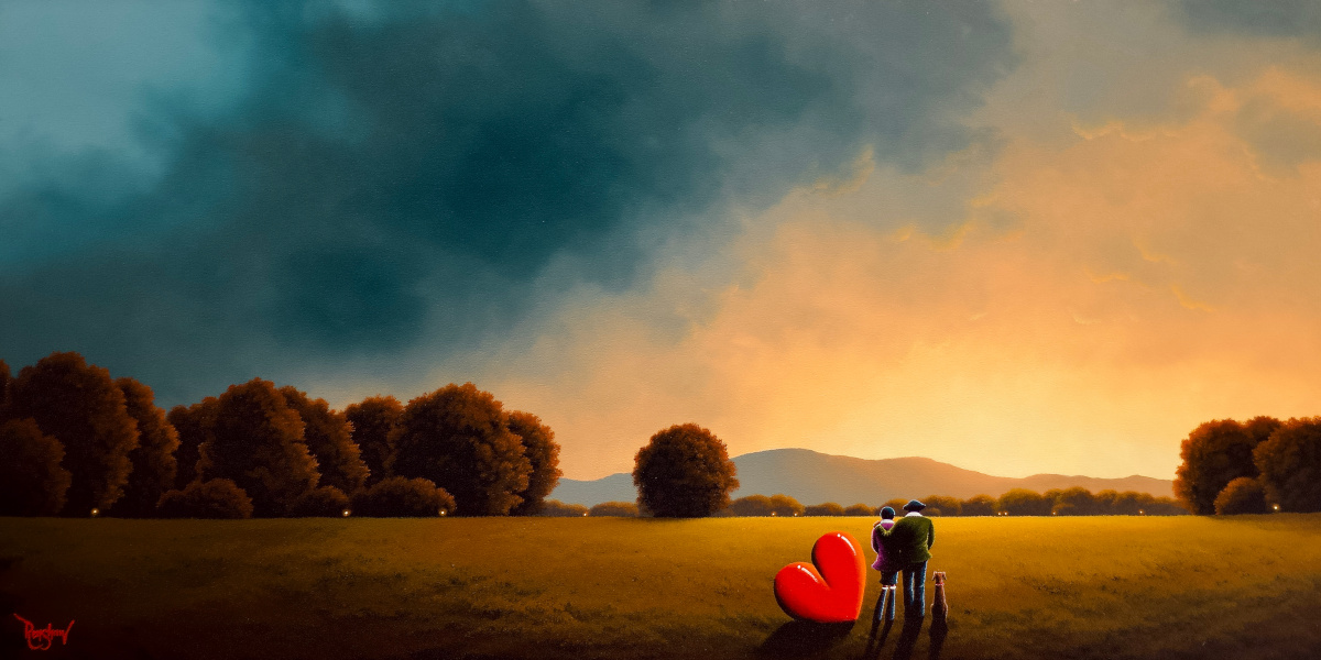 A New Day Togther David Renshaw lake district art original oil painting by artist david renshaw adventures of ted and doris northern romance overlooking sunset dawn light and blue stormy clouds