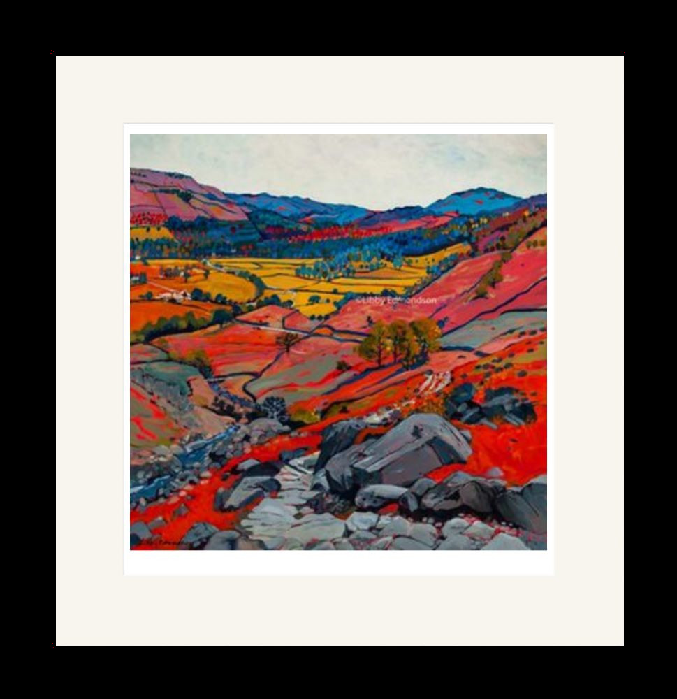 Art print by Lake District artist Libby Edmondson of A Walk in Easdale 2012 featuring a hillside view of the valley and fells in autumn tones