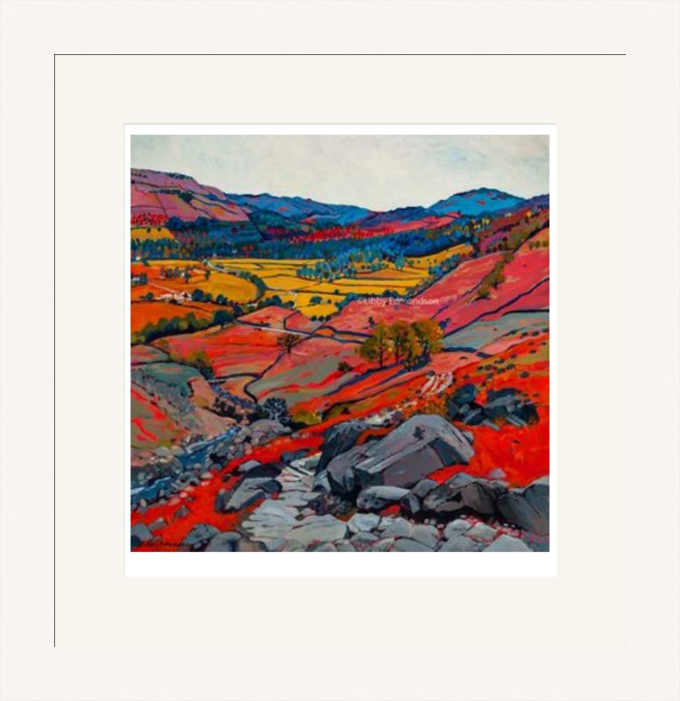 Art print by Lake District artist Libby Edmondson of A Walk in Easdale 2012 featuring a hillside view of the valley and fells in autumn tones