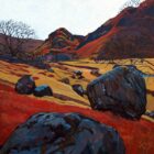 Art print by Lake District artist Libby Edmondson of A Walk in Langstrath 2012 an autumn landscape with stone boulders contrasting with the red and beige fields and mountains