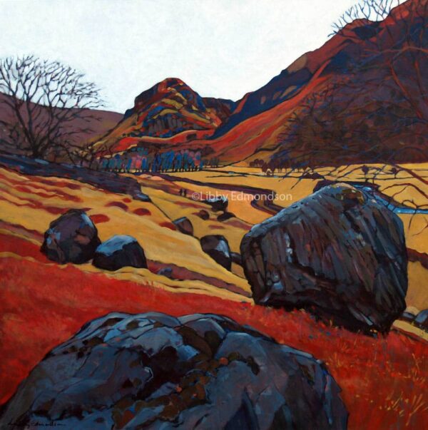 Art print by Lake District artist Libby Edmondson of A Walk in Langstrath 2012 an autumn landscape with stone boulders contrasting with the red and beige fields and mountains