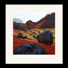 Art print by Lake District artist Libby Edmondson of A Walk in Langstrath 2012 an autumn landscape with stone boulders contrasting with the red and beige fields and mountains