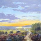 Lake District art original oil painting by Jeff Sudders. An Evening Near Windermere features a yellow and pale blue sunset from a hillside path overlooking the distant lake and mountains