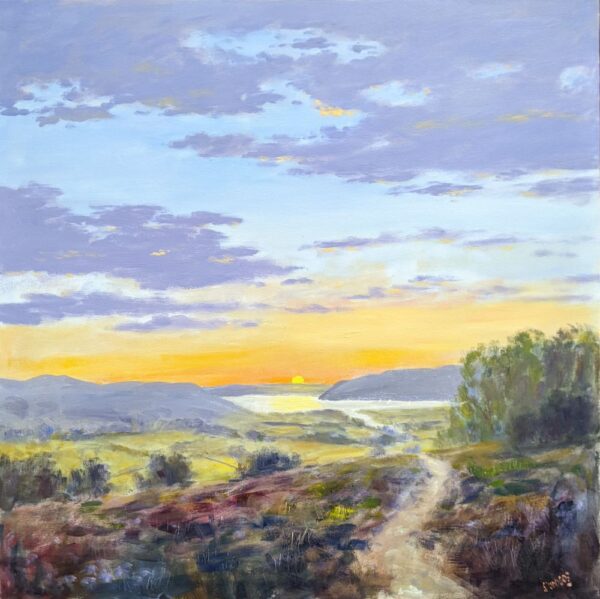 Lake District art original oil painting by Jeff Sudders. An Evening Near Windermere features a yellow and pale blue sunset from a hillside path overlooking the distant lake and mountains