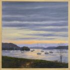 lake district art original oil painting by local artist Jeff Sudders. An Evening at Cockshot point. sunset dusk light fading over lake windermere sail boats from bowness
