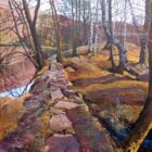 Art print by Lake District artist Libby Edmondson of Beckside Path a calm woodland scene with bare trees silver birch next to a stream