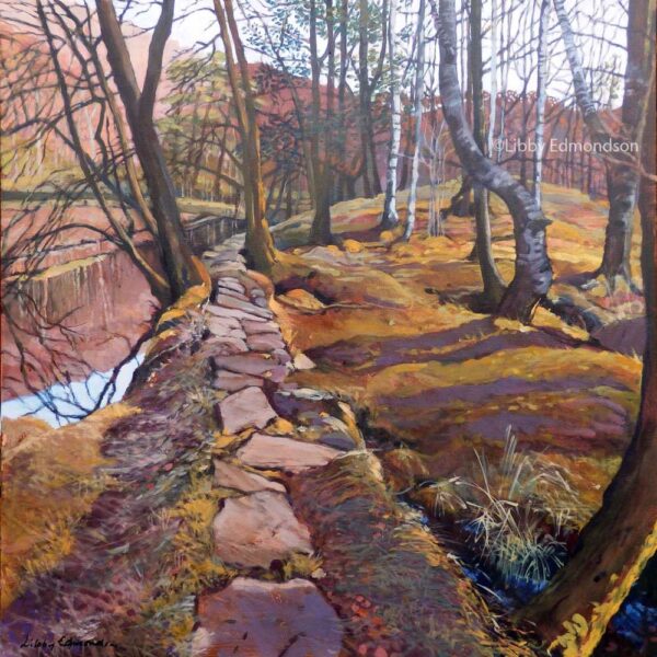 Art print by Lake District artist Libby Edmondson of Beckside Path a calm woodland scene with bare trees silver birch next to a stream