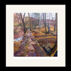 Art print by Lake District artist Libby Edmondson of Beckside Path a calm woodland scene with bare trees silver birch next to a stream