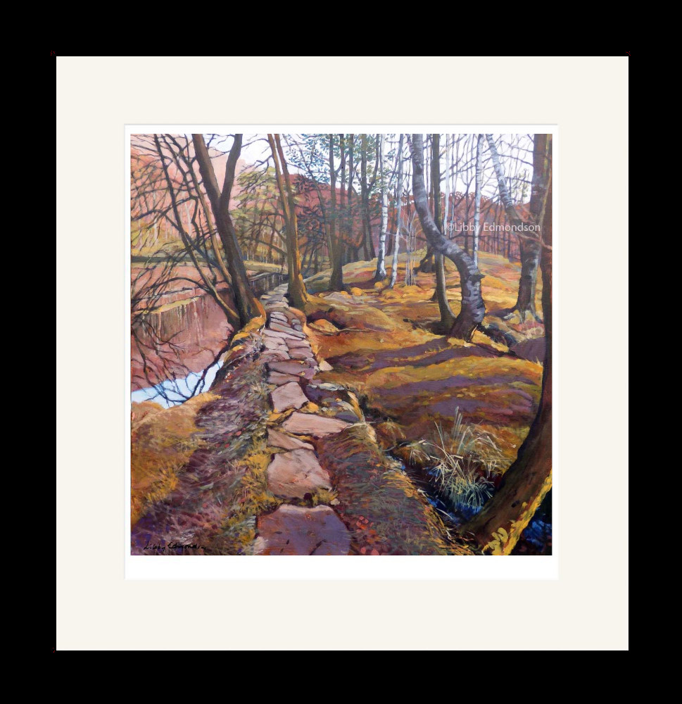 Art print by Lake District artist Libby Edmondson of Beckside Path a calm woodland scene with bare trees silver birch next to a stream