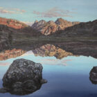 lake district art original oil painting by local artist simon whitfield dawn view of langdale pikes overlooking calm blea tarn