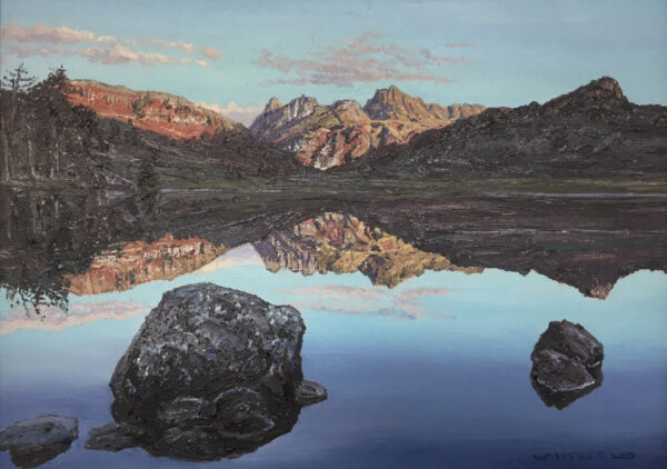 lake district art original oil painting by local artist simon whitfield dawn view of langdale pikes overlooking calm blea tarn