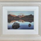 lake district art original oil painting by local artist simon whitfield dawn view of langdale pikes overlooking calm blea tarn
