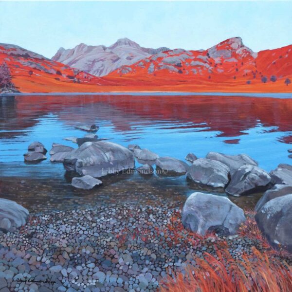 Art print by Lake District artist Libby Edmondson of Blea Tarn II. Vibrant orange and blue view over rocks in langdale