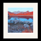 Art print by Lake District artist Libby Edmondson of Blea Tarn II. Vibrant orange and blue view over rocks in langdale