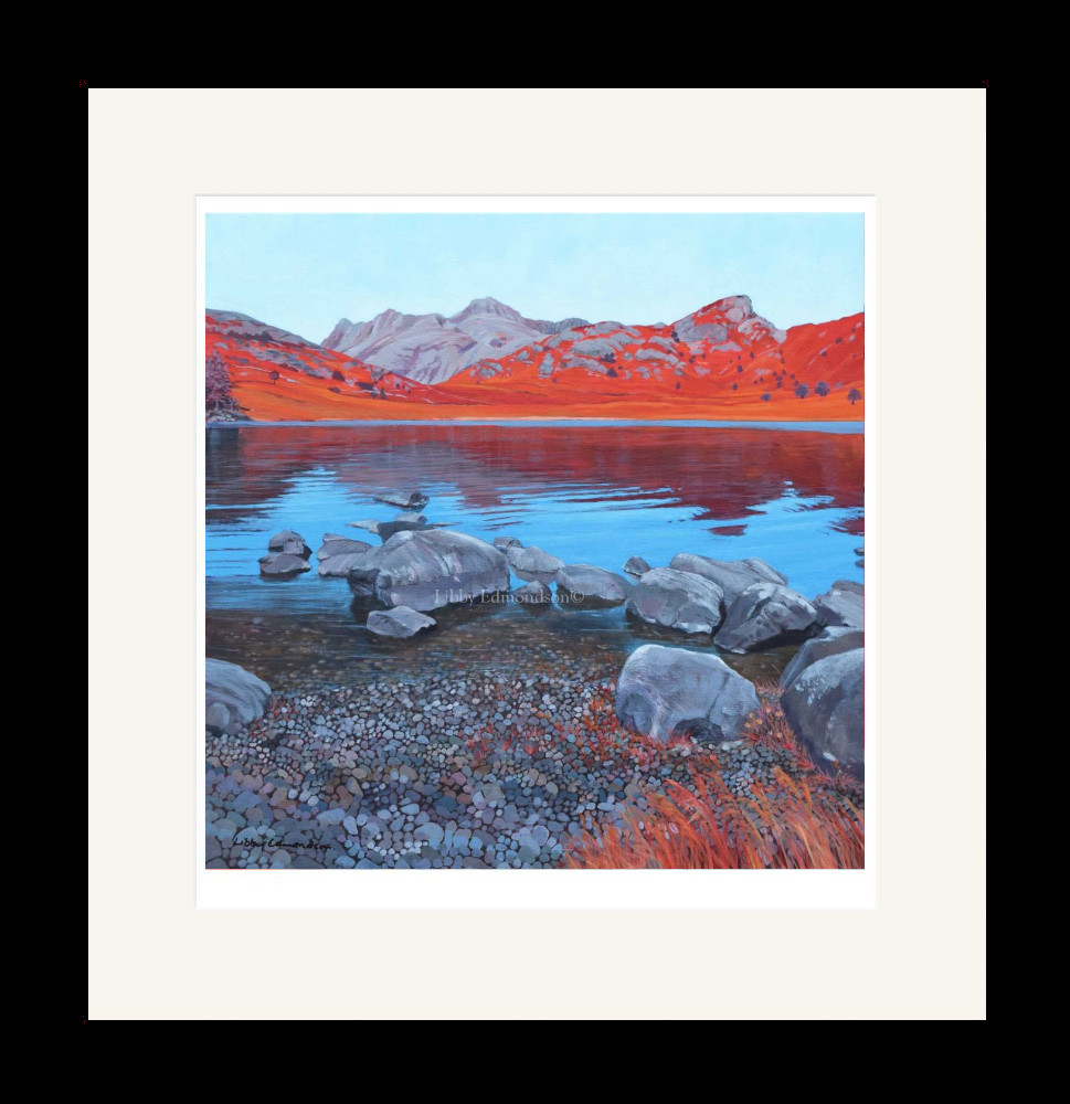 Art print by Lake District artist Libby Edmondson of Blea Tarn II. Vibrant orange and blue view over rocks in langdale