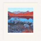 Art print by Lake District artist Libby Edmondson of Blea Tarn II. Vibrant orange and blue view over rocks in langdale