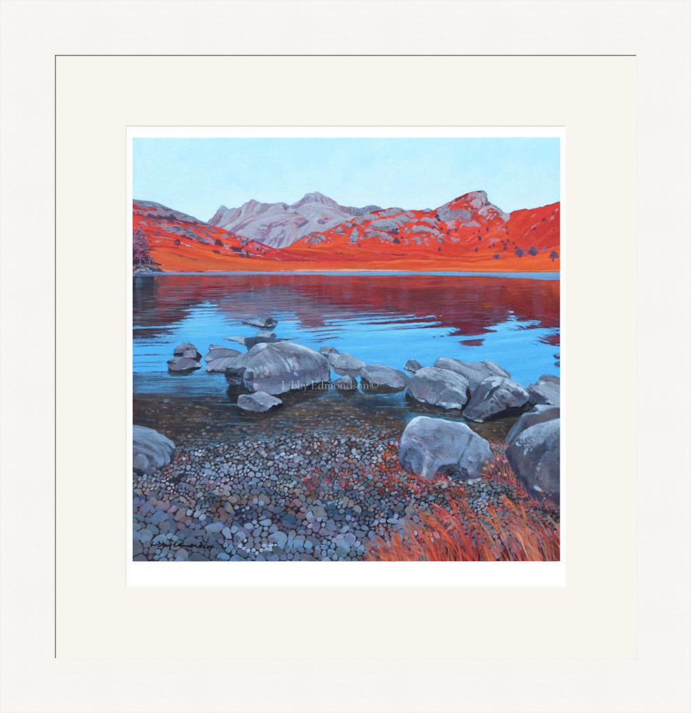 Art print by Lake District artist Libby Edmondson of Blea Tarn II. Vibrant orange and blue view over rocks in langdale