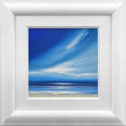 lake district art original acrylic painting by award winning artist jonathan shaw featuring sweeping skies in bright blue colours in a white cushioned frame.