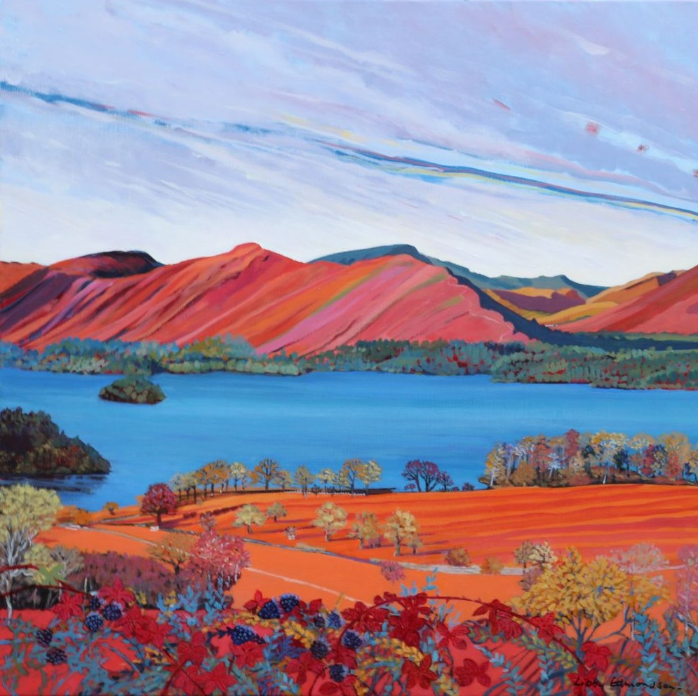 Catbells II by Libby Edmondson Art print by Lake District artist Libby Edmondson of Catbells ii overlooking Derwentwater in Keswick in bright red and blue tones
