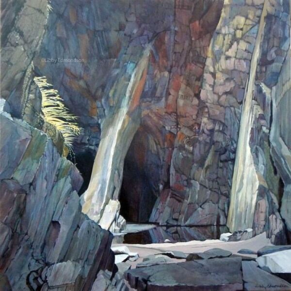 Art print by Lake District artist Libby Edmondson of Cathedral Cave. View from inside the cave in langdale