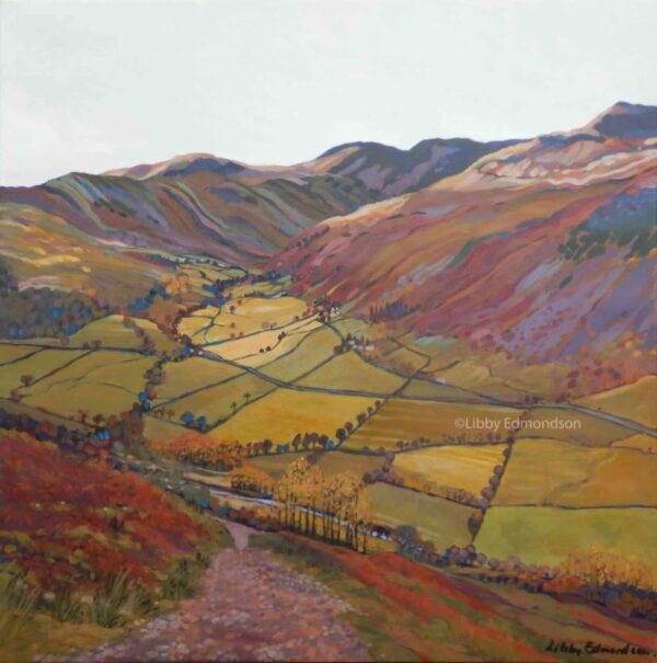 Art print by Lake District artist Libby Edmondson of Deepdale from Boredale Hause 2013 featuring a view looking down over the valley in earthy tones