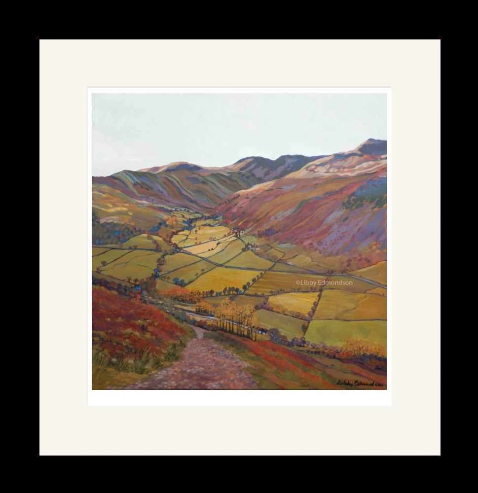 Art print by Lake District artist Libby Edmondson of Deepdale from Boredale Hause 2013 featuring a view looking down over the valley in earthy tones