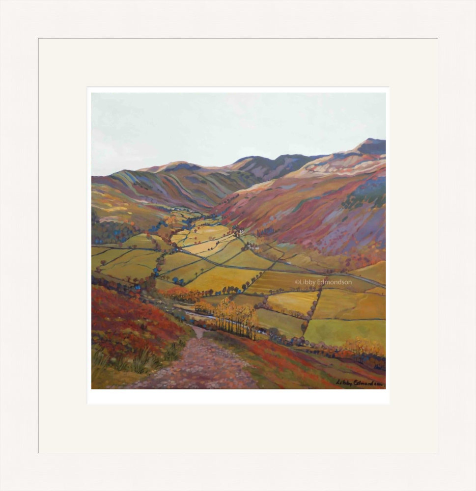 Art print by Lake District artist Libby Edmondson of Deepdale from Boredale Hause 2013 featuring a view looking down over the valley in earthy tones