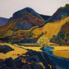 Art print by Lake District artist Libby Edmondson of Eagle Crag Langstrath a contemporary yellow and green landscape with dark grey and blue details