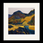 Art print by Lake District artist Libby Edmondson of Eagle Crag Langstrath a contemporary yellow and green landscape with dark grey and blue details