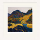 Art print by Lake District artist Libby Edmondson of Eagle Crag Langstrath a contemporary yellow and green landscape with dark grey and blue details