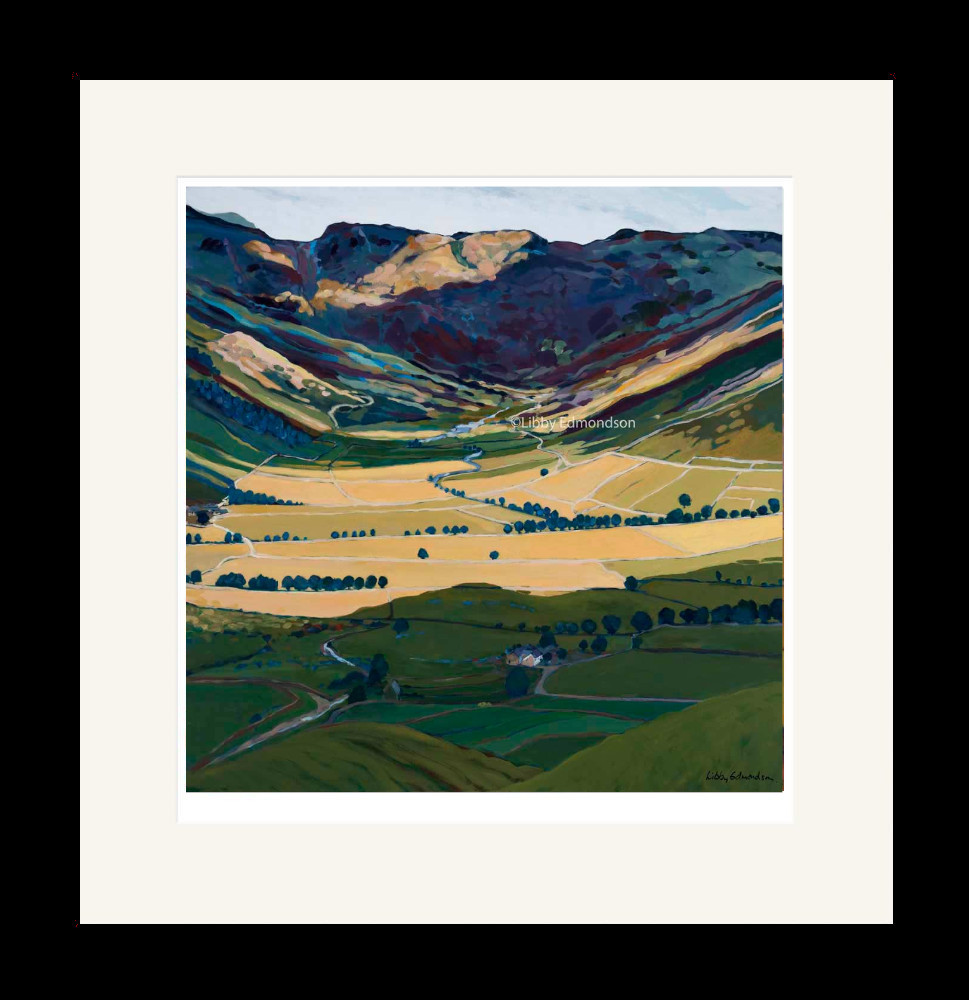Art print by Lake District artist Libby Edmondson of Every Valley features a spring / summer view of vast green and yellow fields with distant mountains