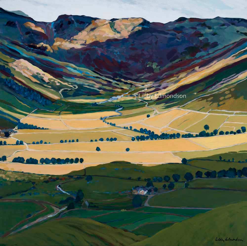 f11.5 Art print by Lake District artist Libby Edmondson of Every Valley features a spring / summer view of vast green and yellow fields with distant mountains
