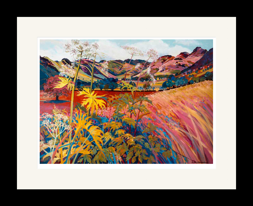 Art print by Lake District artist Libby Edmondson Fields and Mountains 2013 - a contemporary autumn toned view of the langdale valley and langdale pikes