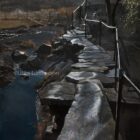 Lake District art by Libby Edmondson. First Light Slaters Bridge 2018 a dark early morning view in little langdale with light shimmers and calm waters