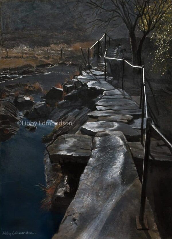 Lake District art by Libby Edmondson. First Light Slaters Bridge 2018 a dark early morning view in little langdale with light shimmers and calm waters