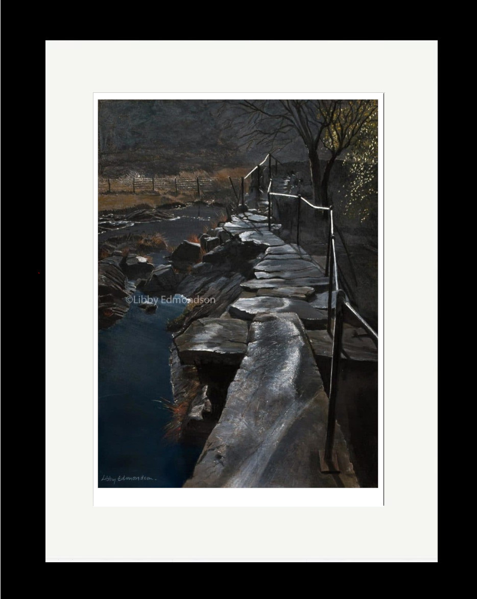 Lake District art by Libby Edmondson. First Light Slaters Bridge 2018 a dark early morning view in little langdale with light shimmers and calm waters