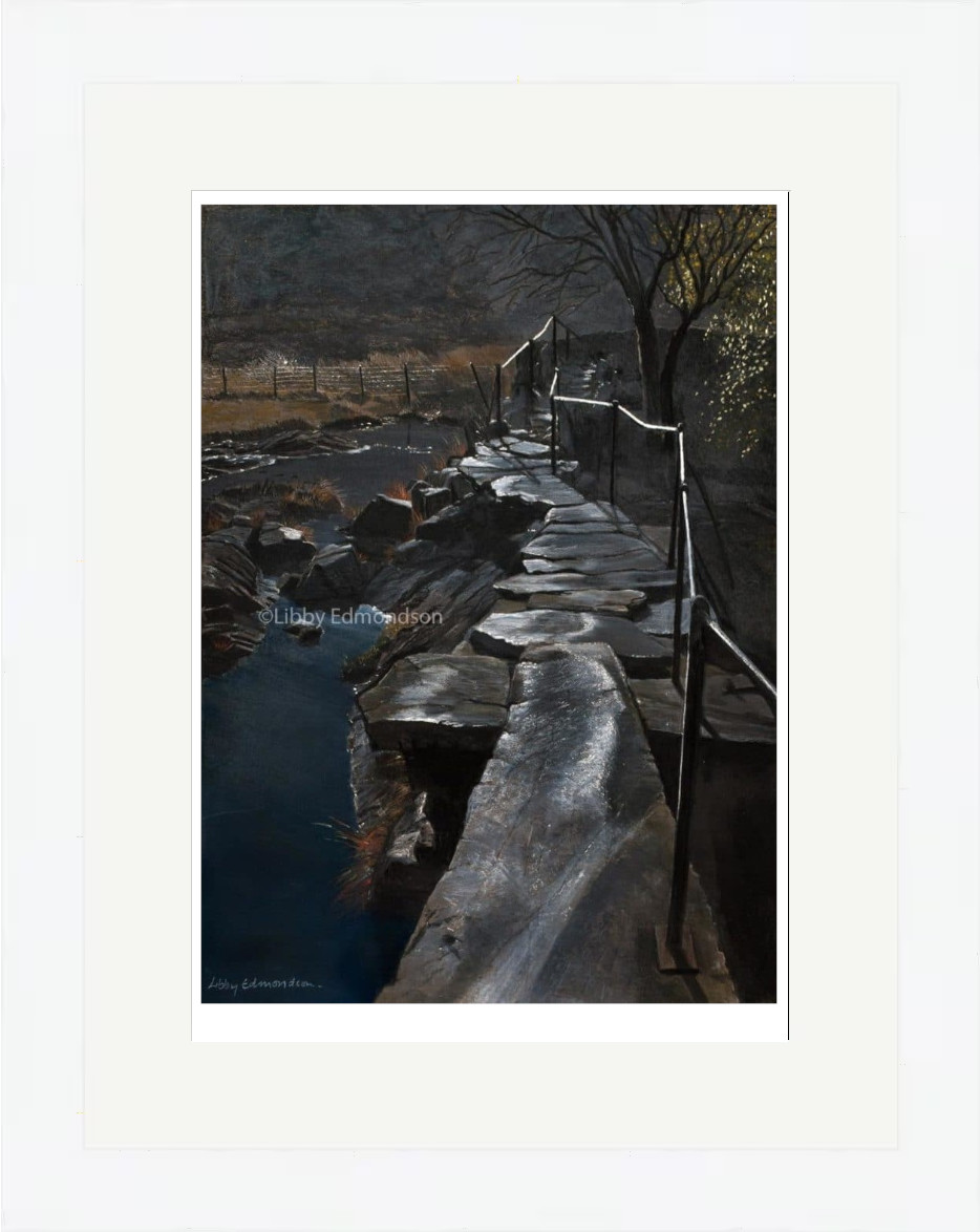 Lake District art by Libby Edmondson. First Light Slaters Bridge 2018 a dark early morning view in little langdale with light shimmers and calm waters
