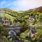 Lake District art original Acrylic painting by Caroline Deighton. Five minute rest featuring couple resting on bridge with stream below a few houses near by-hills with green fields and trees and blue skies.