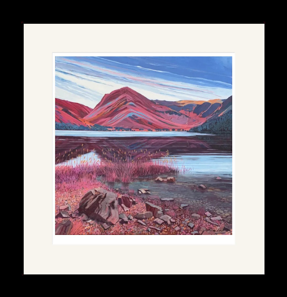 Art print by Lake District artist Libby Edmondson of Fleetwith from Buttermere in bright pike and blue tones with Haystacks off to the right