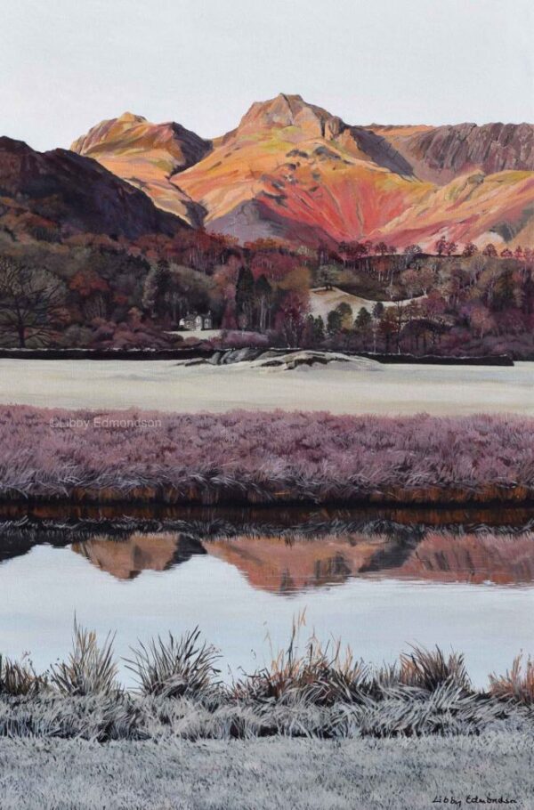 Lake District art by Libby Edmondson. Frosty Morning Elterwater 2019 a winter scene of the langdale pikes near ambleside
