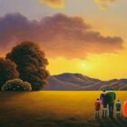lake district art original oil painting by artist david renshaw adventures of ted and doris northern romance with two children at sunset - family
