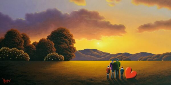lake district art original oil painting by artist david renshaw adventures of ted and doris northern romance with two children at sunset - family