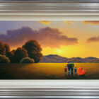 lake district art original oil painting by artist david renshaw adventures of ted and doris northern romance with two children at sunset - family