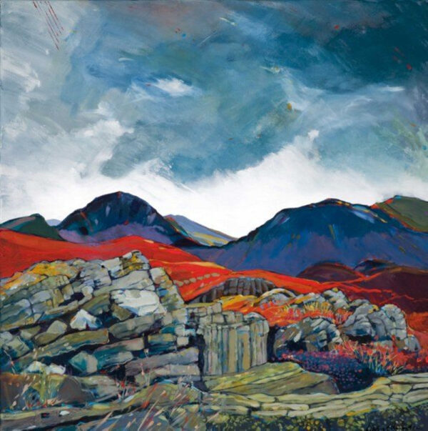 Art print by Lake District artist Libby Edmondson of Gable from Fleetwith a moody sky contrasts with the bright red ground below behind a stone wall